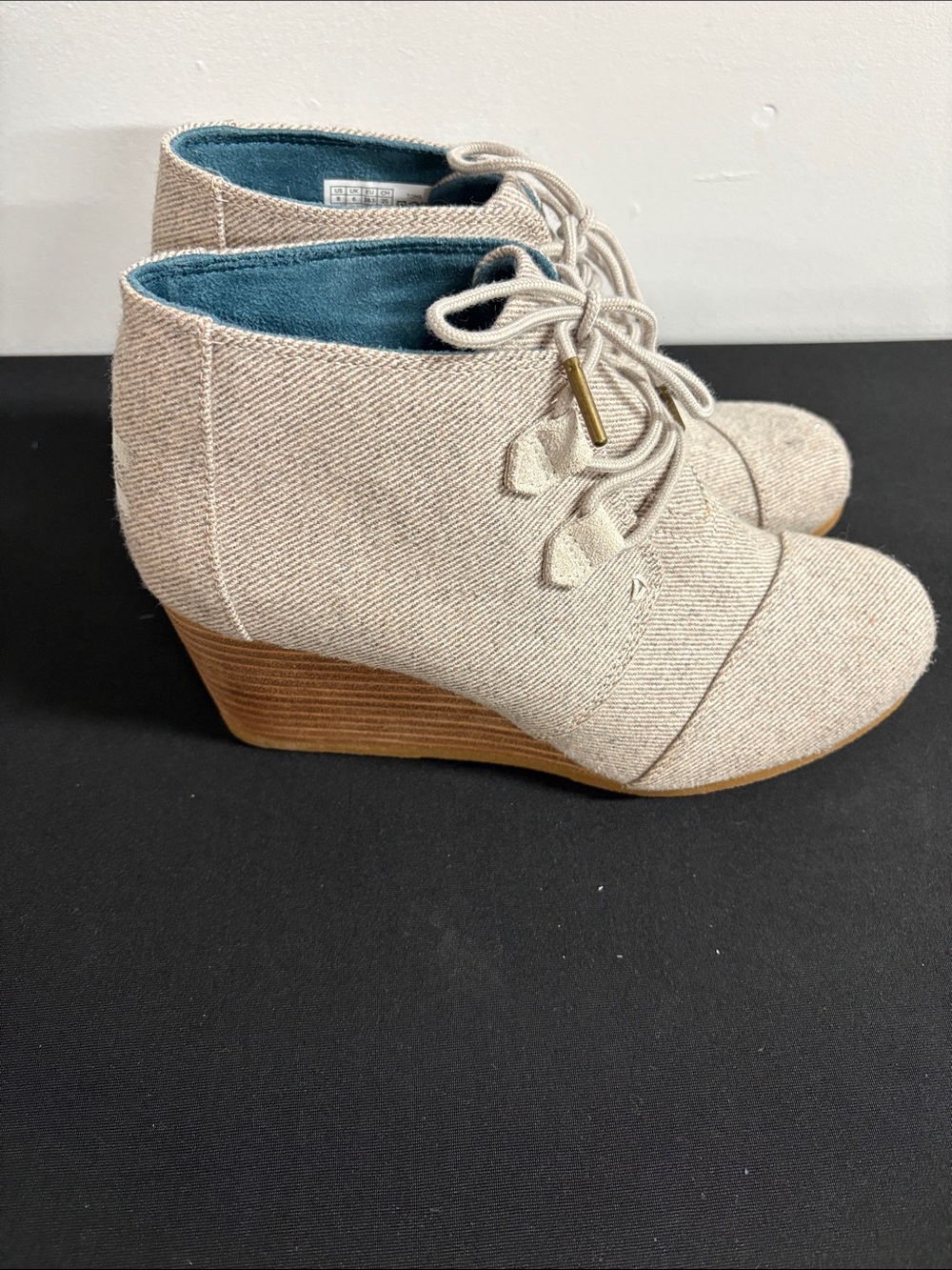 Toms Natural Canvas Lace-Up Wedge Booties with Teal Lining